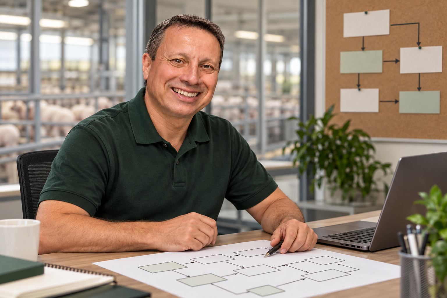 Composição ilustrativa de Renato Santos, de polo verde, analisando um fluxo de processos à mesa